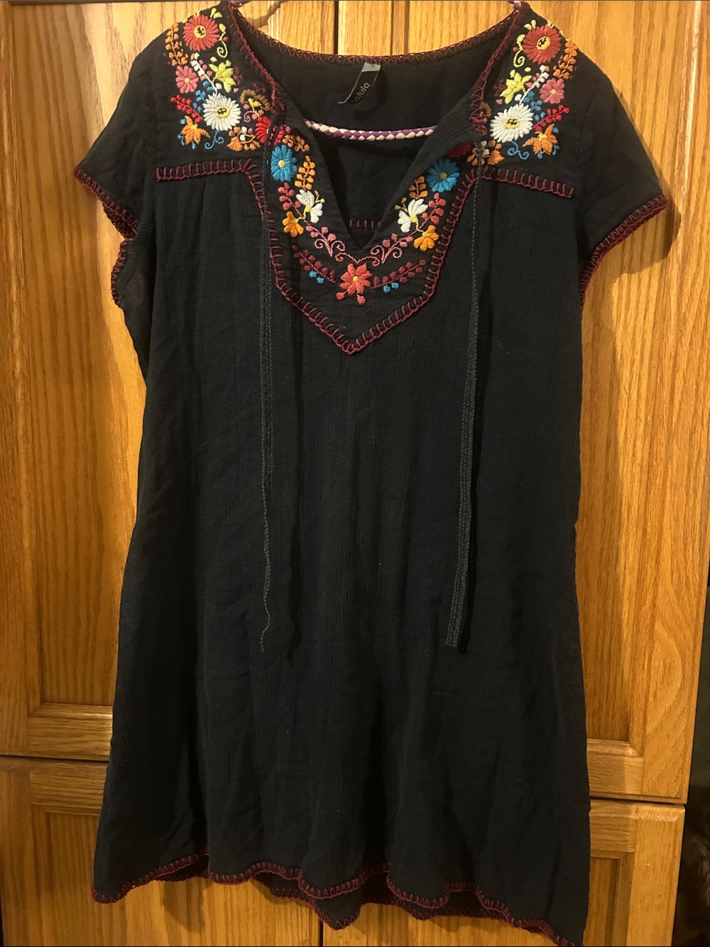 Talula Black Embroidered Short Sleeve Tunic Dress with Multicolor Floral Detail